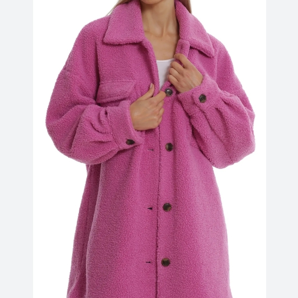 New Anthropologie Avec Les Filles Teddy Sherpa Jacket Pink Petunia Size M | NWT - Picture 2 of 8